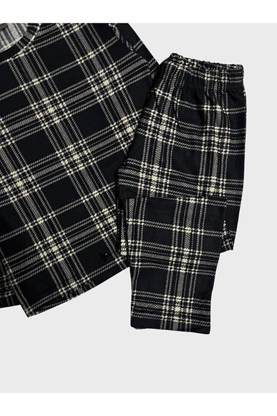 Fil Kids Boy's Suede Fabric Gray Plaid Print Long Sleeve Winter Pajamas Set