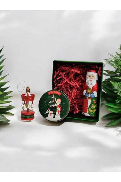 ByDeryaEvent Yılbaşı Temalı Hediye Seti Noel Babalı Çikolata Teneke Kutu Mum Ve Atlı Karınca Üçlüsü