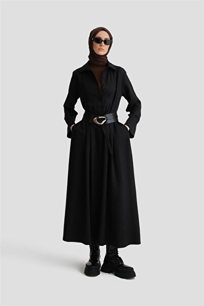 Armine Bel Bağlamalı Gömlek Elbise Ort9924 Siyah