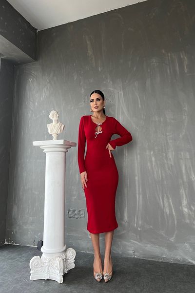 kamacibutik Front Bowknot Boat Neck Dress