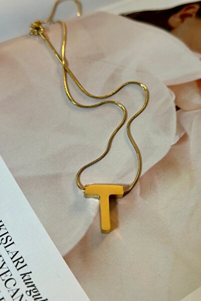 Trendy Butik Çelik Büyük Boy T Harfli Plaka - İtalyan Zincir Kolye