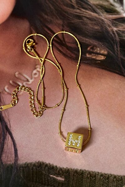 Trendy Butik Steel Cube Model Zircon Stone Letter M Necklace (Letter M in Eac...