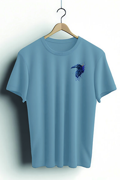 Zestia Tricou unisex, Animale, Imprimeu cu corb, Regular, Tricou albastru reg...