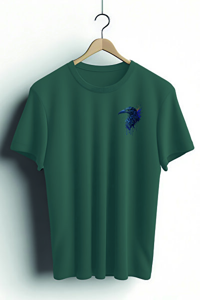 Zestia Tricou unisex, Animale, Imprimeu cu corb, Regular, Tricou verde închis...