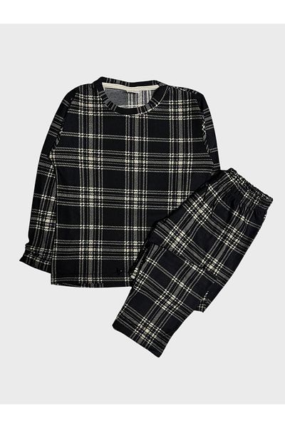 Fil Kids Boy's Suede Fabric Gray Plaid Print Long Sleeve Winter Pajamas Set