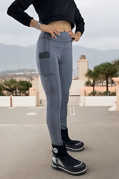 Ersoy بنطلون ليكرا طويل مريح باللون الرمادي للنساء مع جيوب