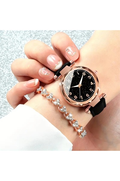 TNY Kadın Siyah Şık Deri Kayışlı Kol Saati ve Zarif Taşlı Kalp Bileklik Seti