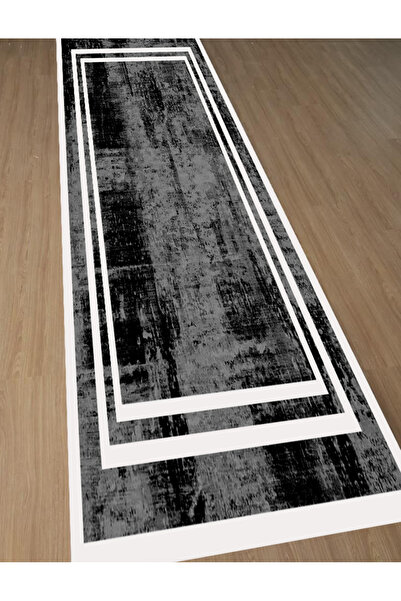 Emiroğlu Siyah Zemin Beyaz Şerit Özel Süngerli Yüzey Kaymaz Taban Yolluk / Halı