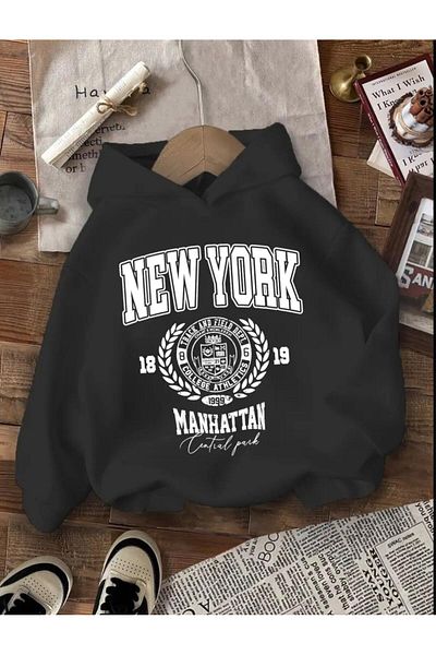 Baxia Детски зимен суитшърт с качулка и щампа NEWYORK MANHATTAN