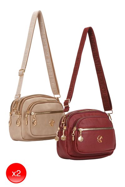 Adelina Bags Geantă de umăr Daily Mink și Burgundy cu curele încrucișate pentru femei, 2 buc