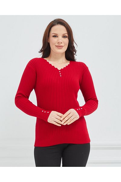 Elçelya Moda Pulover de corp din tricotaje flexibile din lycra roșu cu decolteu în V