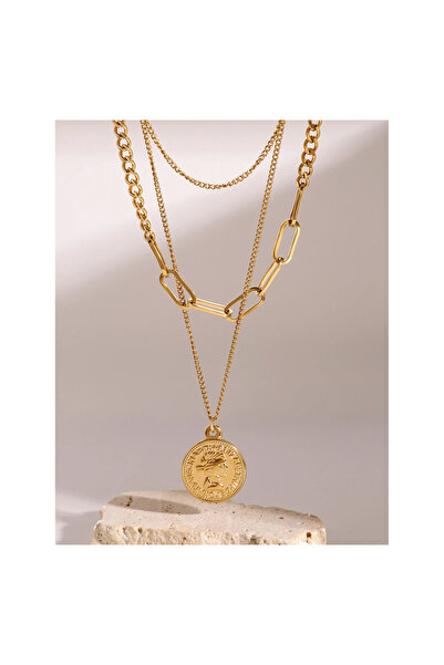 Swen Collection Üçlü Zincirli Yuvarlak İkonlu Çelik Kolye