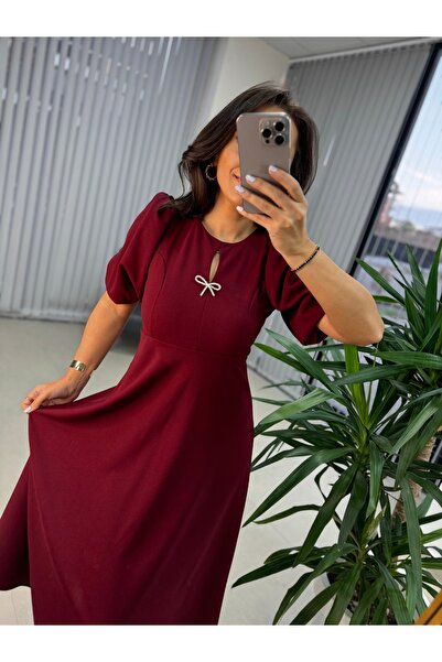 caddstore Fiyonk Broşlu Bordo Elbise