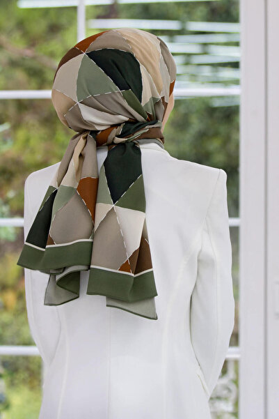 Vissona Luxury Medina Triangle Patch Patterned Khaki Green Color 75X195 Wrinkle Free Shawl Moss Cropped Stitch Type Italian D