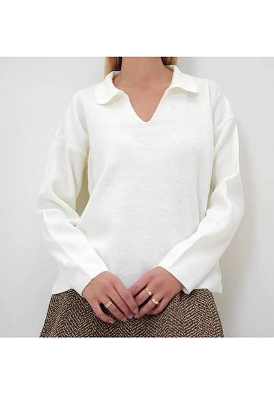 Butik Women's Polo Neck Basic Ecru Sweater