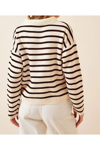 Butik Women's Polo Neck Striped Long Sleeve Knitwear Sweater