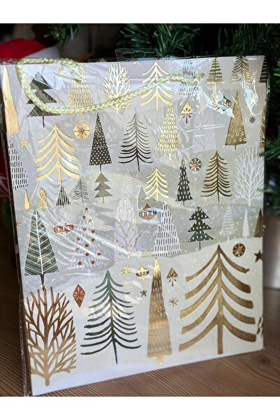 QUEEN AKSESUAR lüks büyük altın varaklı parlak çam ağacı ağaç desenli hediye paketi ip askılı karton çanta yılbaşı