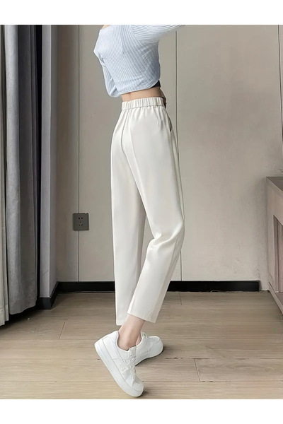 Heyya Жіночі вузькі штани з плісированими штанинами, чорним поясом і білою тканиною до щиколоток