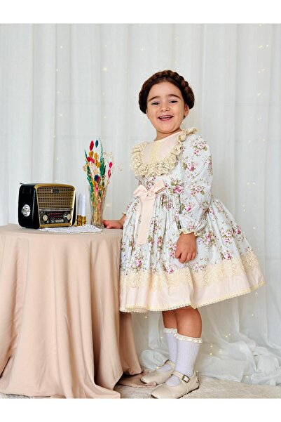 Hly Karol Tasarım Mint Yeşili Uzun Kollu Vintage Bebek Elbise,Doğum günü elbi...