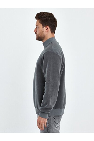 Ltb Düz Dik Yaka Fermuarlı Regular Fit Gri Sweatshırt