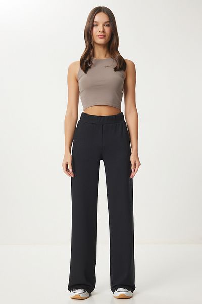 Lovelyİstanbul Wide Leg Comfortable Interlock Trousers - Black Lub0067