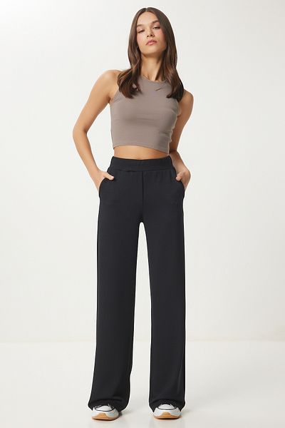 Lovelyİstanbul Wide Leg Comfortable Interlock Trousers - Black Lub0067