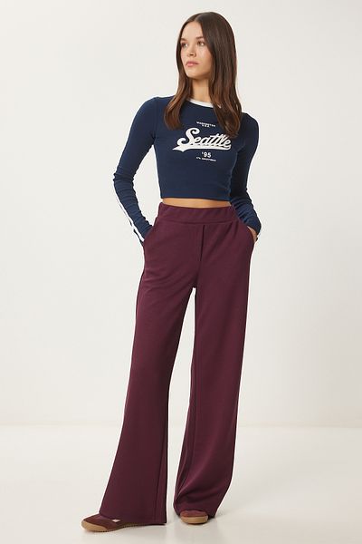 Lovelyİstanbul Burgundy Interlock Trousers - Comfortable and Wide Leg Lub0067