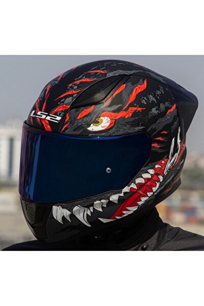 LS2 Rapıd 2 Race Kaıju Mat Siyah-Kırmızı Fullface Motosiklet Kaskı Mavi Camlı