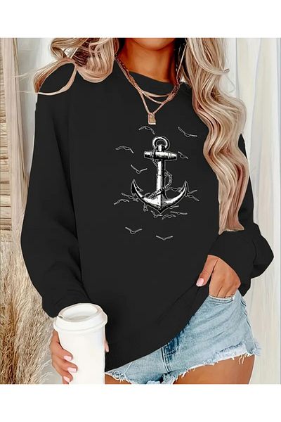 trend selection Anchor and Sea Birds Printed, Oversize, Crew Neck, Women's Sweatshirt
