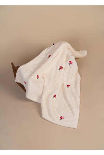 DensHaus Cream Colored Mushroom Patterned Embroidered Baby Blanket - 90X110 Wellsoft