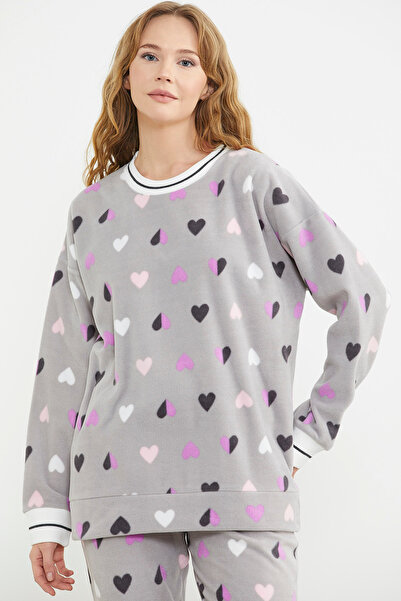 Sementa Gray Patterned Oversize Fleece Pajama Set