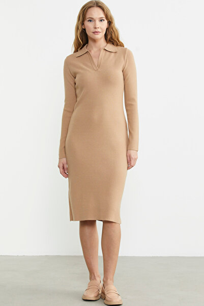 Sementa Basic Beige Knitwear Dress - Placket Polo Neck