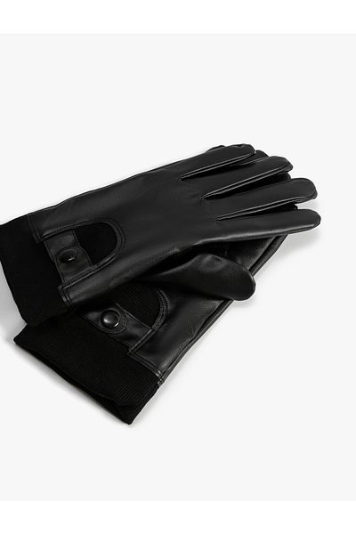 Koton Faux Leather Gloves Fleece Lined with Snap Button Detail