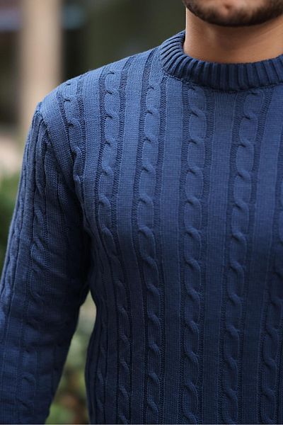 Valiberta Hair Braided Crew Neck Men's Knitwear Sweater - Indigo