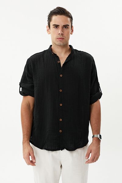 hateko Unisex Μαύρο Μουσελίνα Πουκάμισο - 100% Βαμβάκι, Άνετη Κοπή, Summer People