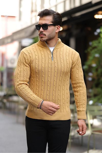 Valiberta Hair Braided Half Zipper Men's Knitwear Sweater - Earth