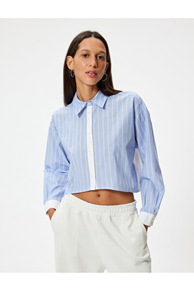 Koton Πουκάμισο Poplin Crop - Μακρύ μανίκι, Κλασικός γιακάς, Κουμπί και σπαστό ασύμμετρο κόψιμο