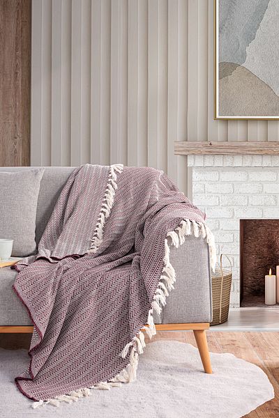 Evim Cotton Alder Ecru Claret Red Sofa Shawl - 130X170 cm