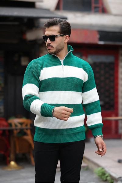 Valiberta Green Men's Knitwear Sweater - Striped, Thessaloniki Knitted and Half Zipper