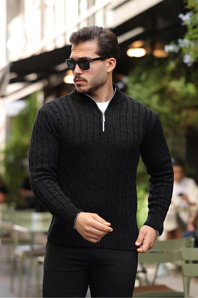 Valiberta Hair Braided Half Zipper Men's Knitwear Sweater - Black