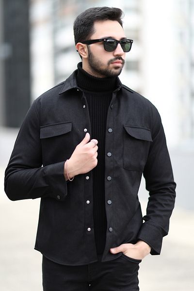 JB John Borners Men's Shirt Jacket Black Lightweight Fabric Double Pocket Snap Closure - 16815