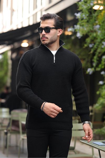 Valiberta Oversize Thessaloniki Knitted Half Zipper Men's Knitwear Sweater - Black