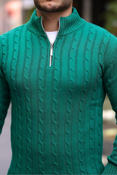 Valiberta Hair Braided Half Zipper Men's Knitwear Sweater - Green