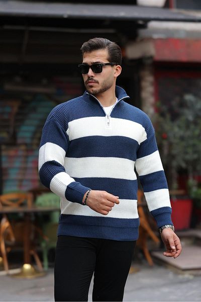 Valiberta Oversize Striped Thessaloniki Braided Half Zipper Knitwear Men's Sweater - Indigo