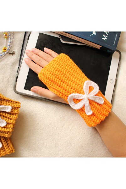 TRENDİN YOLU El Yapımı sarı Parmaksız Model Eldiven Fiyonklu Üz