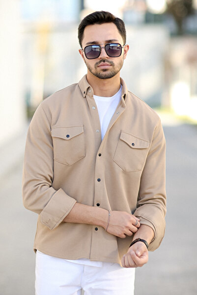 JB John Borners Чоловіча сорочка з двома кишенями, коричнева, з бавовняною сумішшю, з кнопками-застібками - 16805