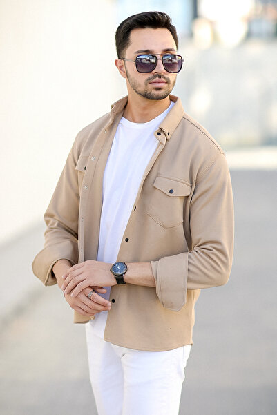 JB John Borners Чоловіча сорочка з двома кишенями, коричнева, з бавовняною сумішшю, з кнопками-застібками - 16805