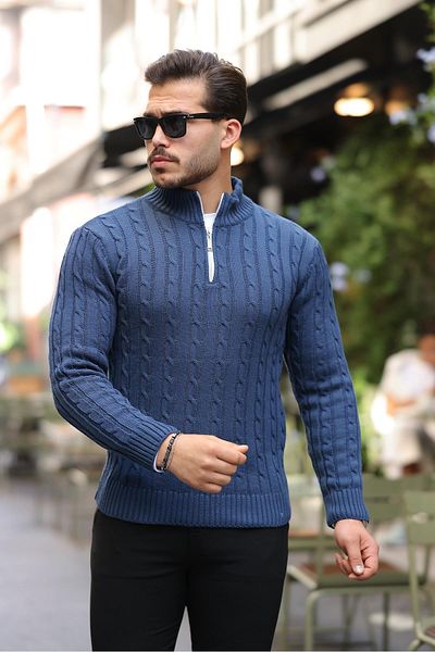 Valiberta Hair Braided Half Zipper Men's Knitwear Sweater - Indigo