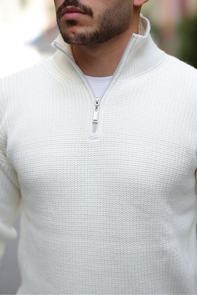 Valiberta Men's Knitwear Sweater - Thessaloniki Knit, Half Zipper, Oversize - Ecru