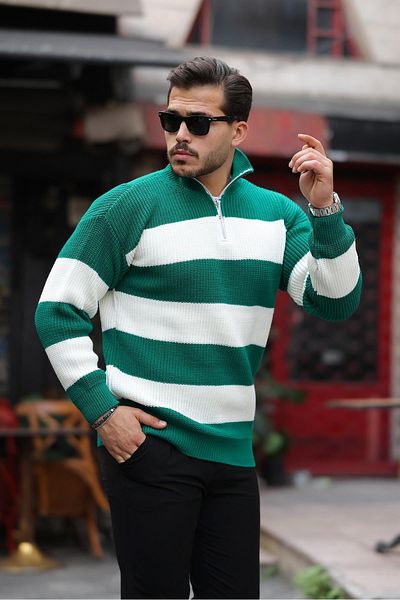 Valiberta Green Men's Knitwear Sweater - Striped, Thessaloniki Knitted and Half Zipper
